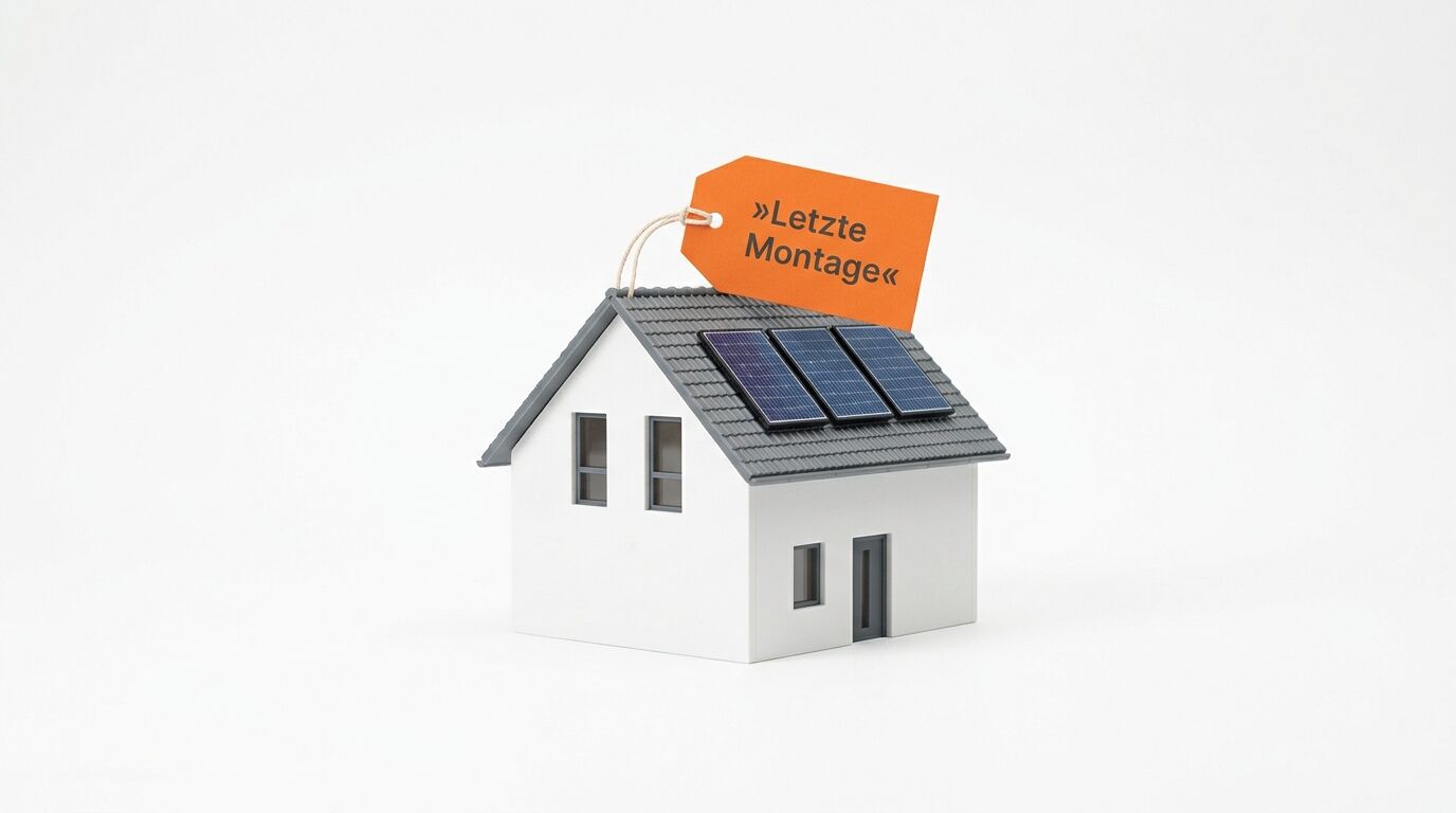 Modellhaus mit Solaranlage und orangefarbenem Anhänger »Letzte Montage« auf weißem Grund
