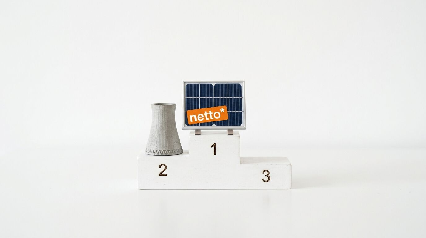 Solarpanel auf Platz eins und Kühlturm auf Platz zwei eines Siegertreppchens