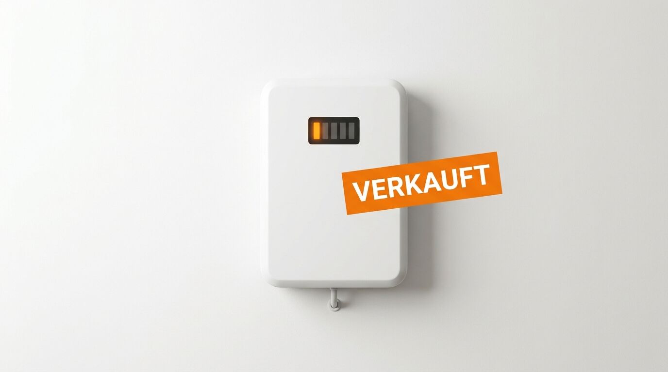 Weißer Speicher mit teilbeleuchteter Ladestandsanzeige und orangefarbenem Aufkleber „VERKAUFT“