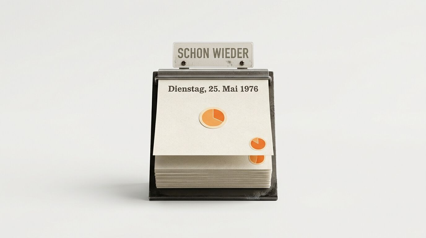 Tischkalender, 25.01.1976, Kreisdiagramme, Aufschrift „SCHON WIEDER“, weißer Hintergrund