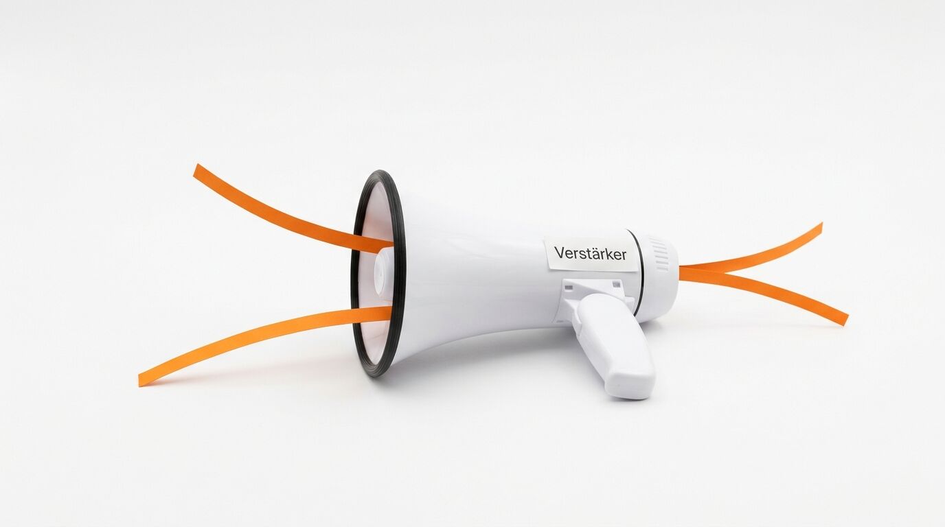 Ein weißes Megafon mit der Aufschrift „Verstärker“ und orangefarbenen Bändern auf weißem Grund