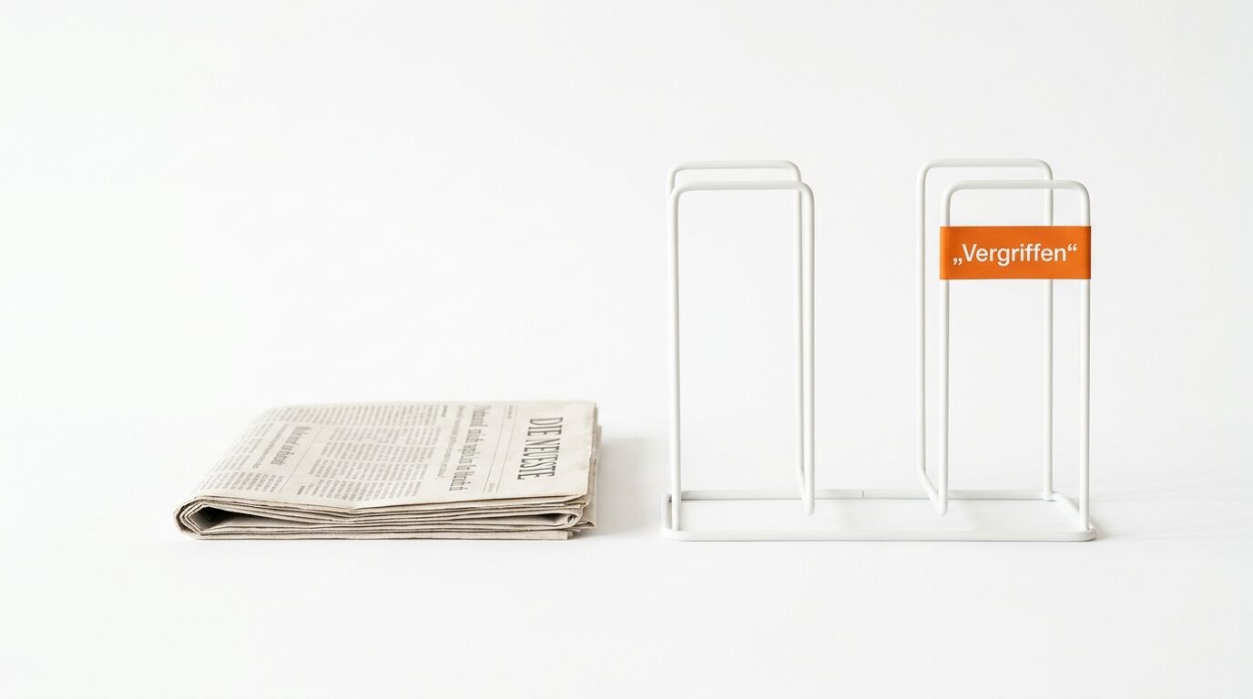 Zeitungsstapel links, leerer Ständer rechts, mit orangefarbenem Schild: „Vergriffen“