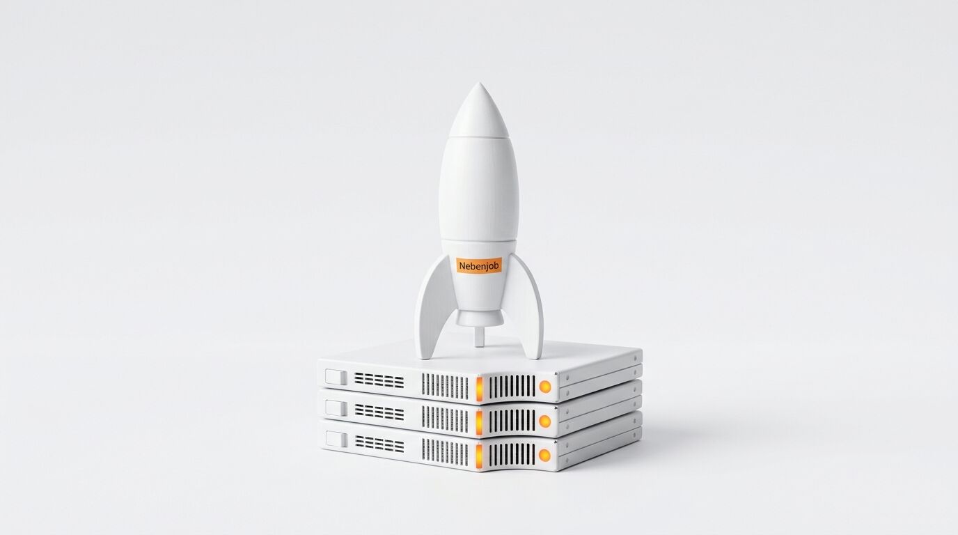 Weiße Rakete mit „Nebenjob“-Schild steht auf einem Server-Stapel