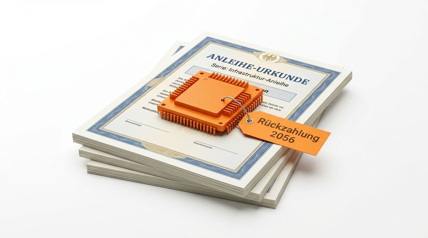 Stapel Urkunden, orangefarbener Kühlkörper und Anhänger mit Aufschrift „Rückzahlung 2056“