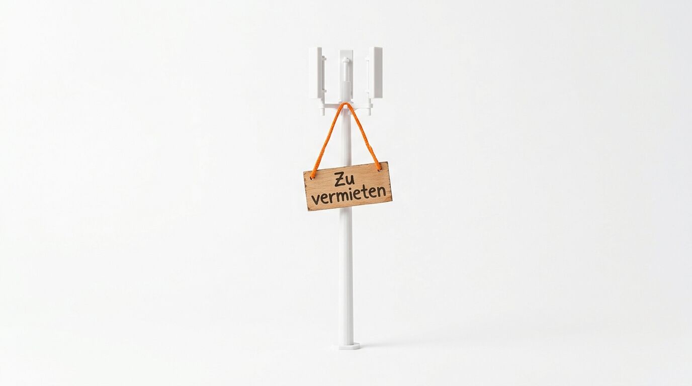 Ein Modell-Antennenmast vor weißem Hintergrund mit einem Schild „Zu vermieten“