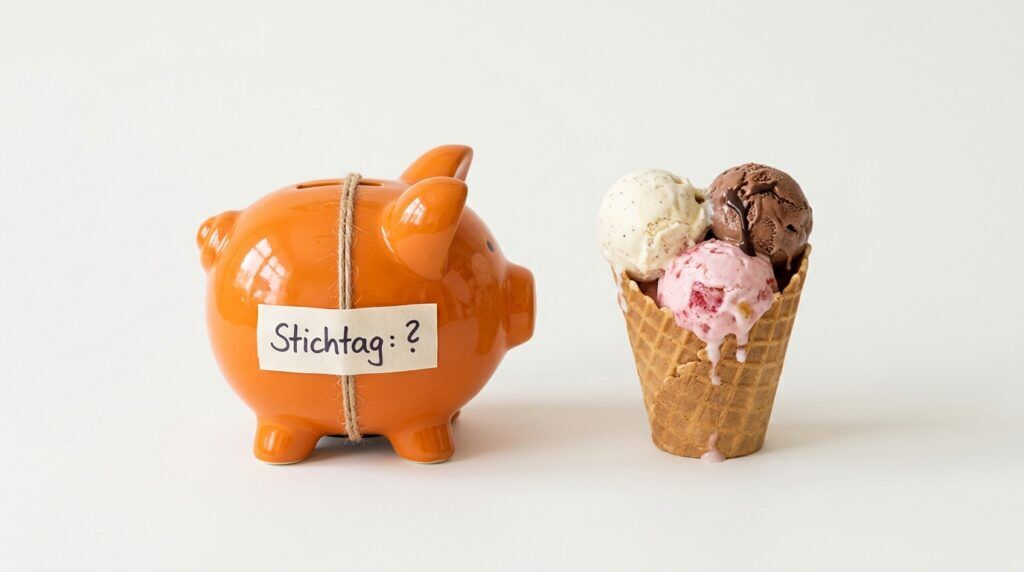 Sparschwein neben einer Eiswaffel, auf dem Etikett ein Fragezeichen zum Stichtag der Rentenpflicht