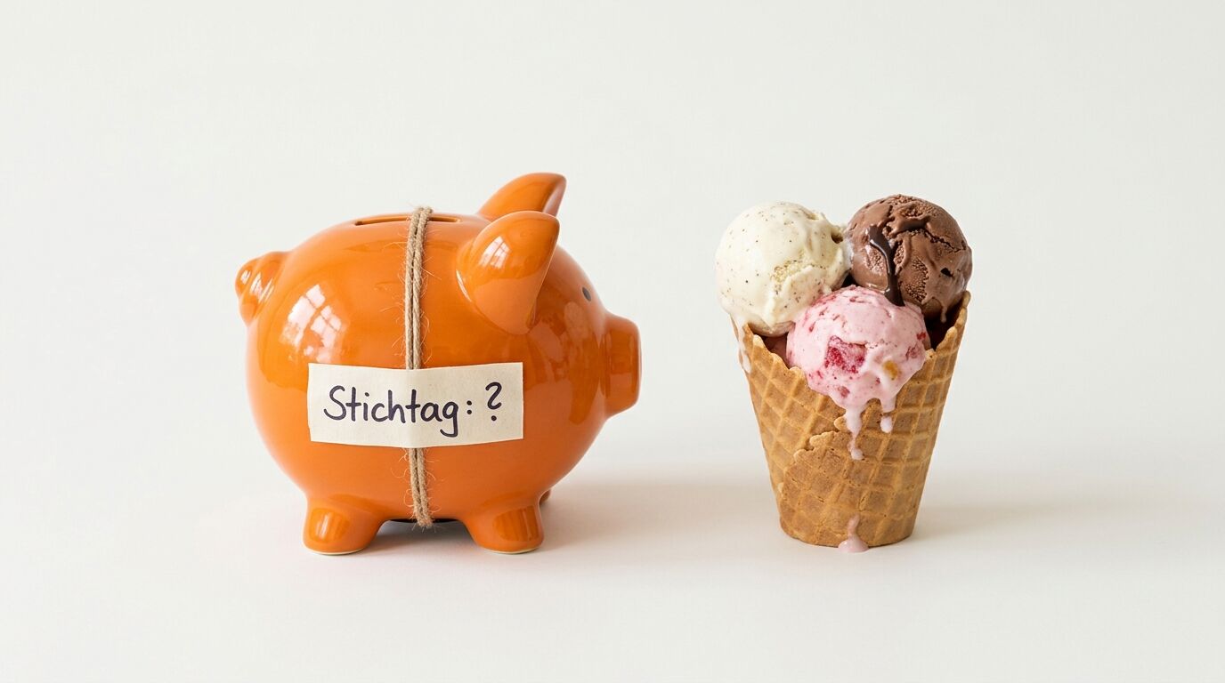 Oranges Sparschwein mit der Aufschrift „Stichtag: ?“ neben einem schmelzenden Waffeleis