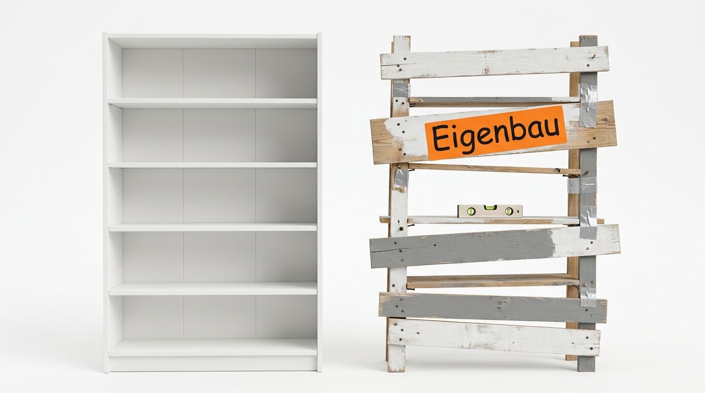 Vergleich von fertigem weißen Regal und DIY-Holzregal mit „Eigenbau“-Schild