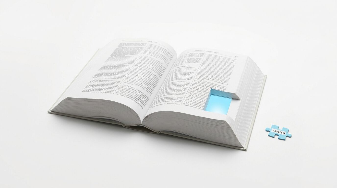 Aufgeschlagenes Buch mit Puzzle-Loch, daneben Puzzleteil mit Aufschrift „Absatz 6“