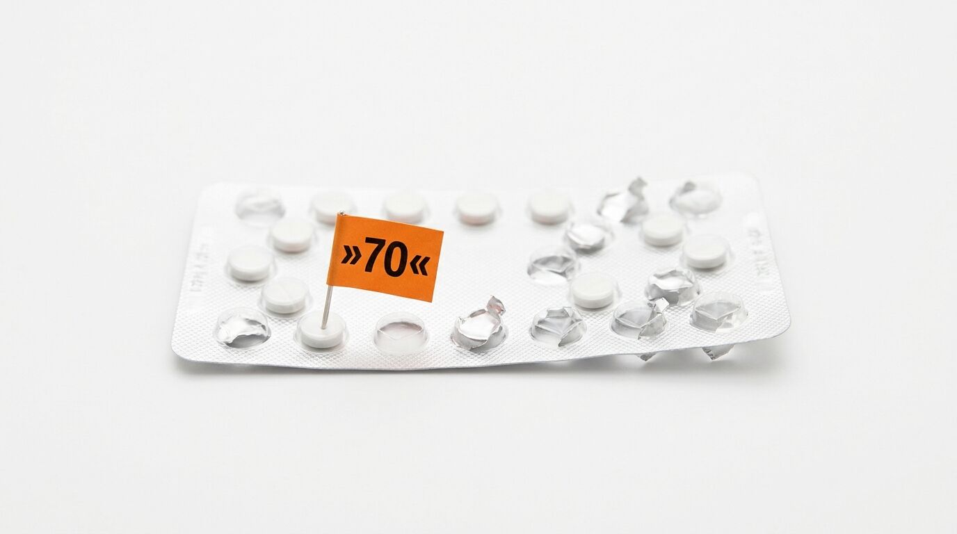 Blisterpackung mit weißen Pillen und oranger Fahne (»70«) auf weißem Grund
