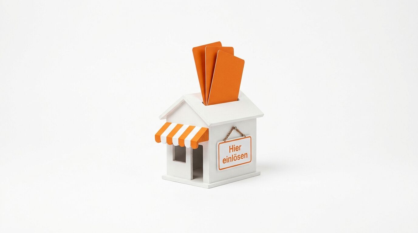 Miniatur-Haus mit Markise, drei orangefarbenen Karten im Dachschlitz und Schild „Hier einlösen“