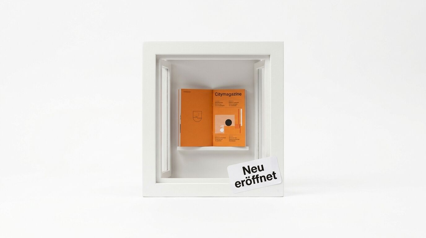 Weißer Objektrahmen mit orangem Heftchen darin und „Neu eröffnet“-Schild vorne