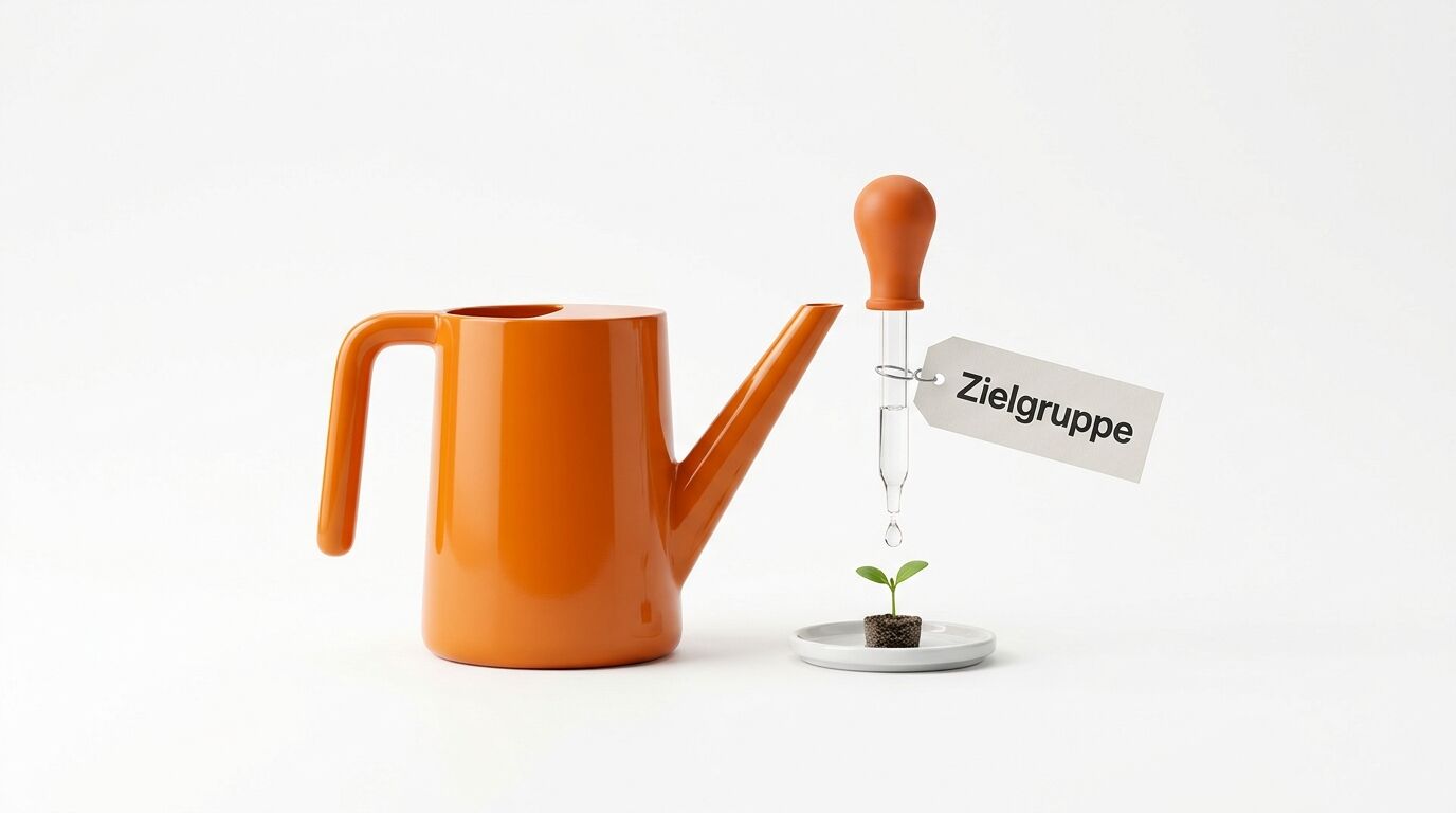 Gießkanne, Pipette und Keimling mit Etikett „Zielgruppe“ vor weißem Hintergrund