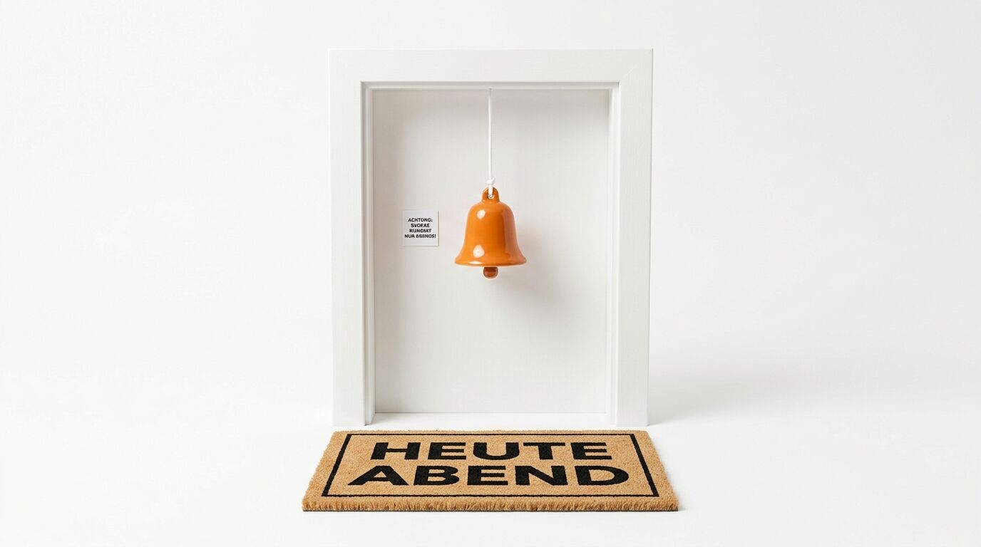Weißer Türrahmen mit Glocke, Hinweisschild und Fußmatte „HEUTE ABEND“ auf weißem Grund