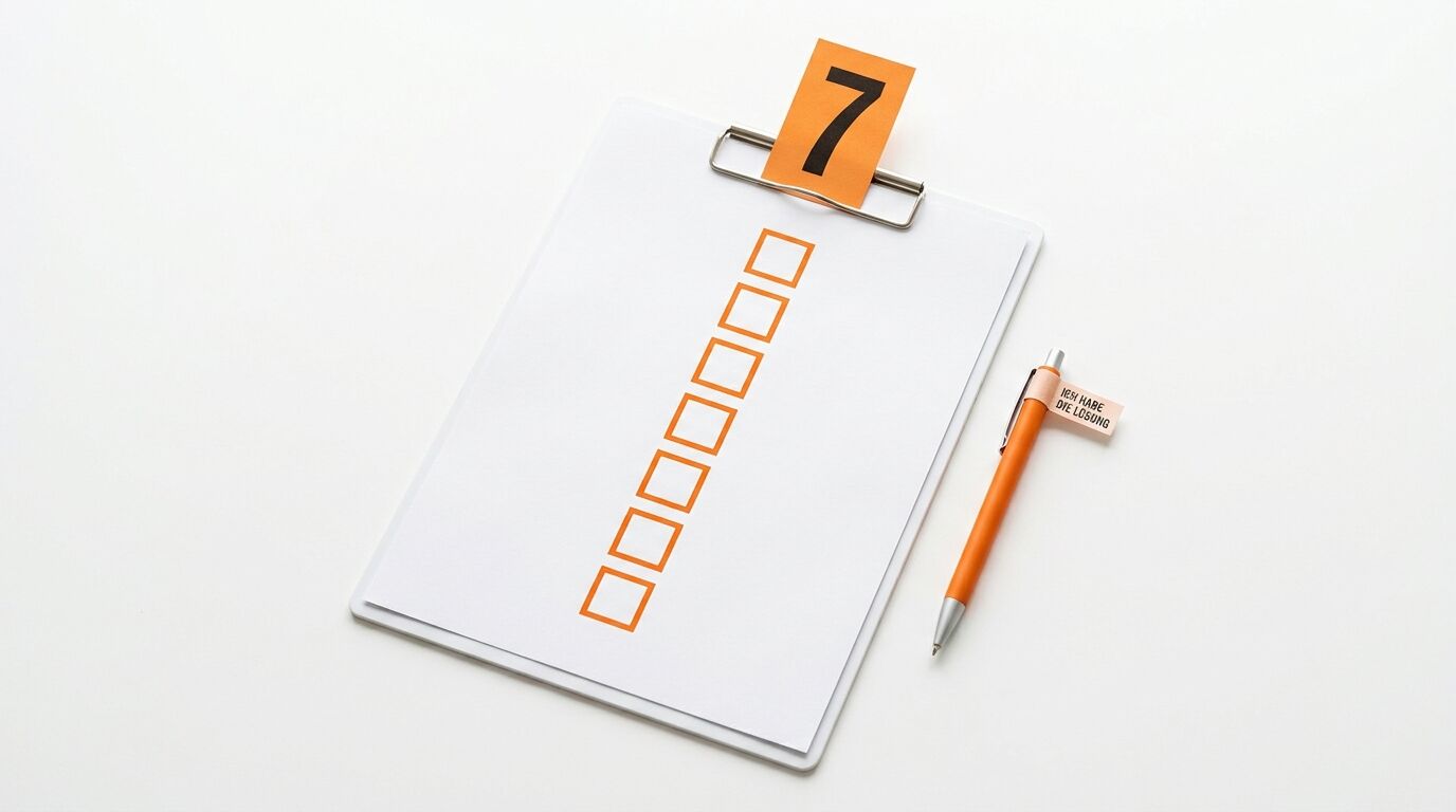 Klemmbrett mit Checkliste, Ziffer 7 und Stift mit Etikett „ICH HABE DIE LÖSUNG“ auf Weiß