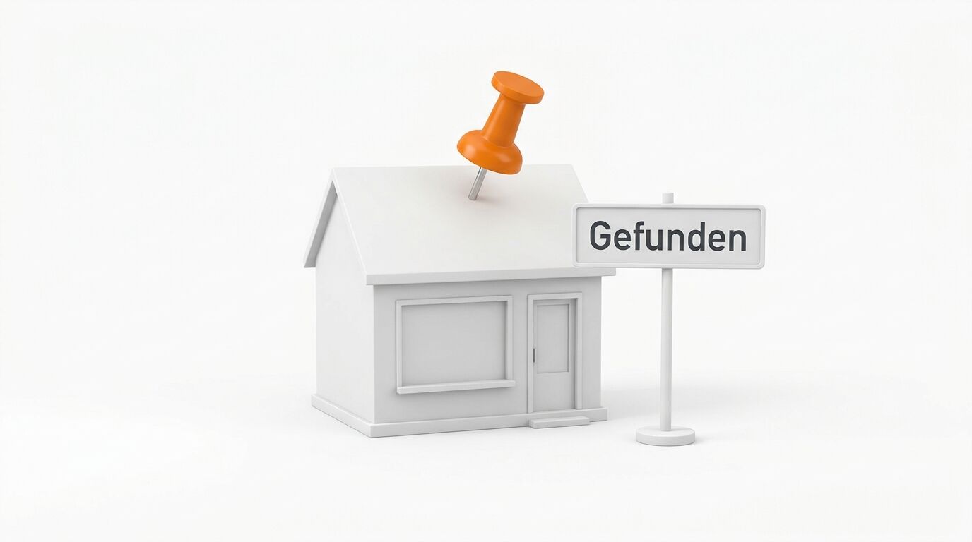 Ein weißes Modellhaus mit einer orangefarbenen Pinnnadel auf dem Dach und einem Schild „Gefunden“