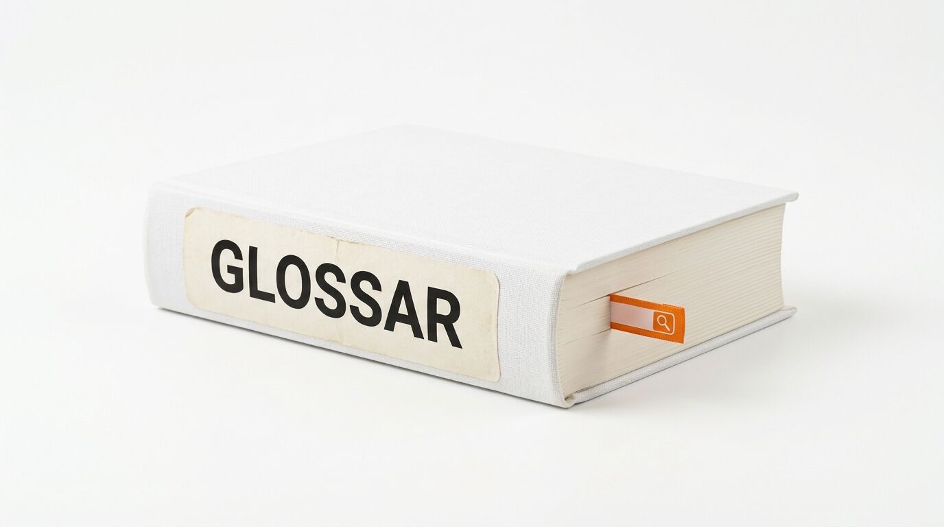 Weißes Buch mit Aufschrift „GLOSSAR“ und orangem Lesezeichen auf weißem Grund