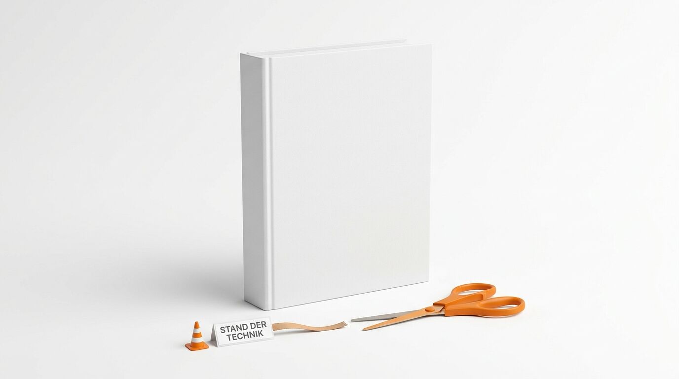Ein weißes Buch, eine Schere, ein Kegel und ein Schild „STAND DER TECHNIK“ auf Weiß