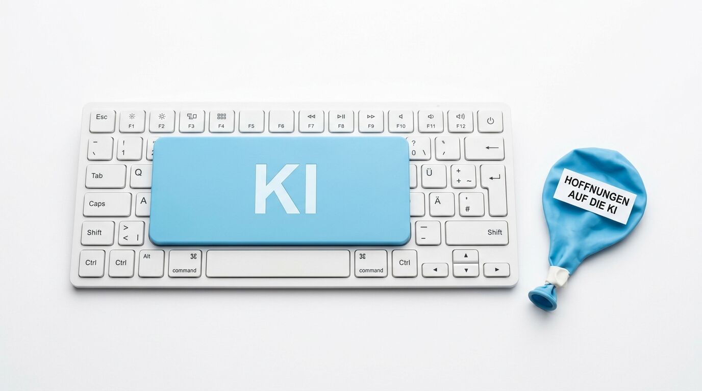 Weiße Tastatur mit blauer Karte (KI) und Ballon (HOFFNUNGEN AUF DIE KI) auf weißem Grund