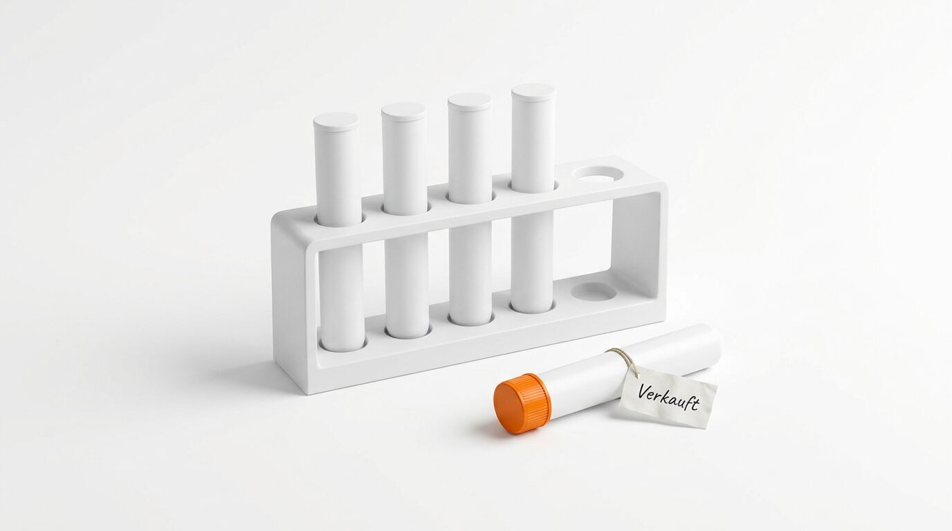 Ein weißes Reagenzglasgestell mit vier Reagenzgläsern, davor ein Reagenzglas mit orangefarbenem Verschluss und einem Schild mit der Aufschrift „Verkauft“