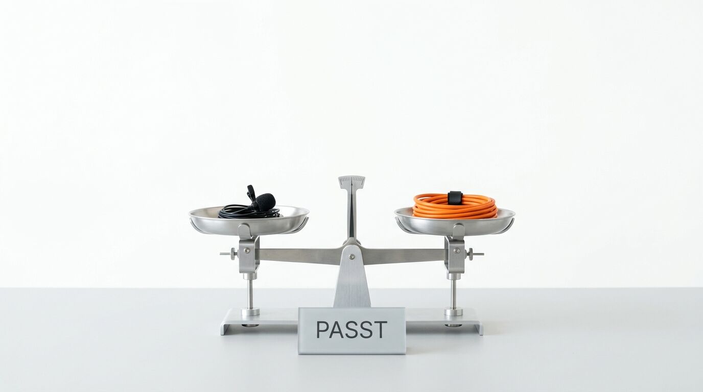 Eine Waage mit der Aufschrift "PASST" balanciert ein schwarzes Kabel links und ein oranges Stromkabel rechts