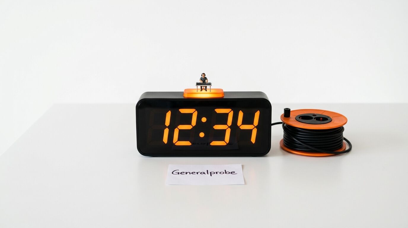 Digitale Uhr zeigt 12:34, mit orangem Kabel und Spule daneben, Generalprobе-Schild darunter