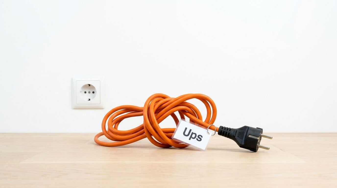 Orange Stromkabel mit "UPS"-Etikett neben einer weißen Wandsteckdose auf hellem Holzboden