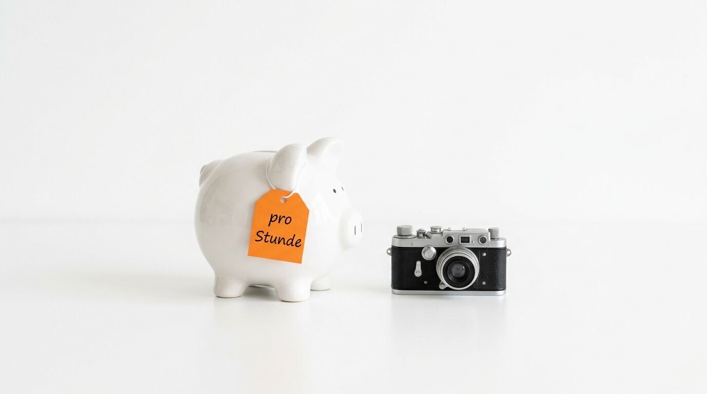 Weißes Sparschwein mit orangem Schild "pro Stunde" neben einer vintage Kamera auf weißem Hintergrund