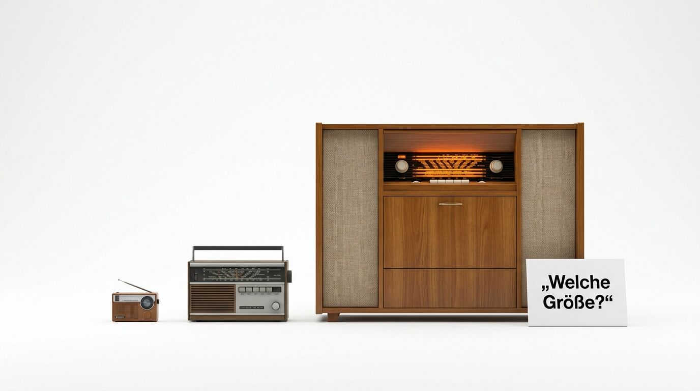 Drei Vintage-Radios in aufsteigender Größe, daneben ein Schrank mit Lautsprechern und die Frage "Welche Größe?"