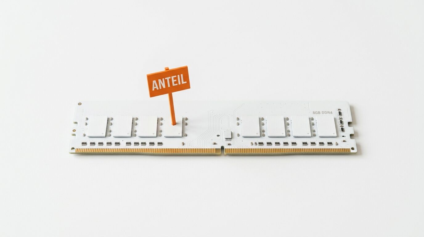 Ein weißes 8 GB DDR4 RAM-Modul liegt horizontal auf weißem Grund. Auf der linken Seite steckt ein orangefarbenes Holzschildchen mit der weißen Aufschrift „ANTEIL“ senkrecht in einem der Speicherchips