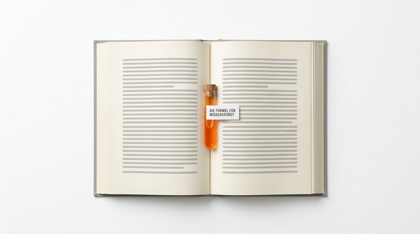 Offenes Buch mit Reagenzglas und Etikett „DIE FORMEL FÜR WISSENSDURST“ in Draufsicht