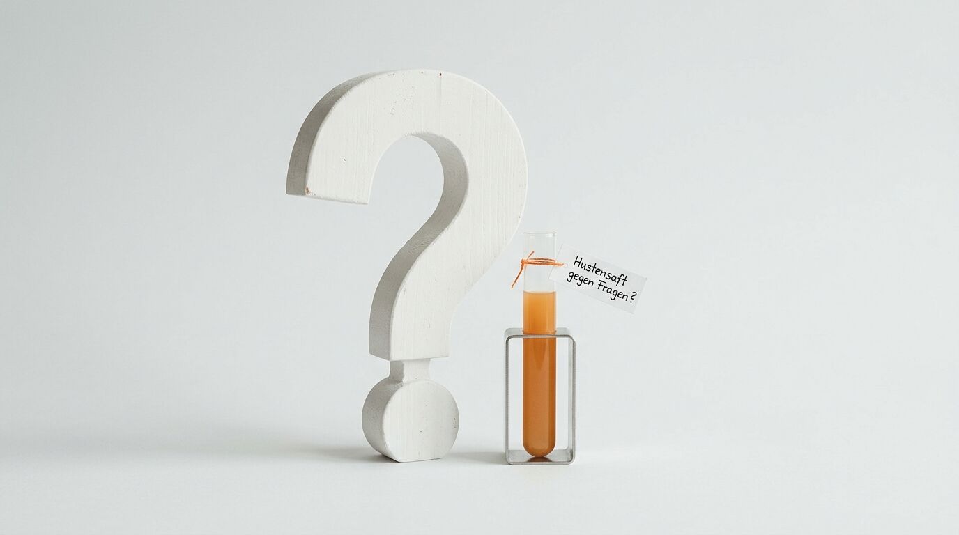 Großes weißes Fragezeichen, daneben Reagenzglas mit orangefarbener Flüssigkeit und Etikett
