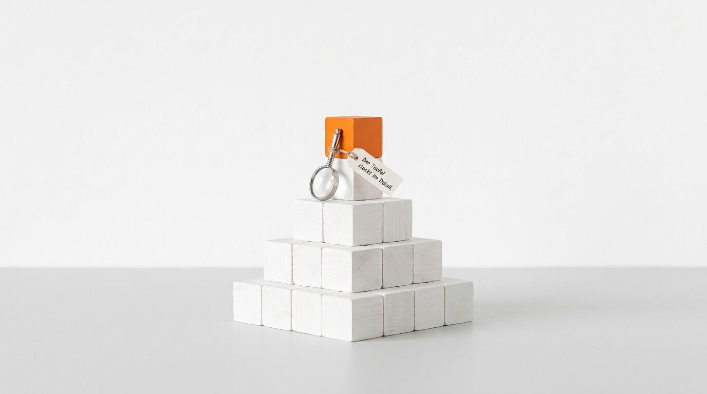 Pyramide aus weißen Holzwürfeln mit orangefarbener Spitze, Lupe und Text-Etikett
