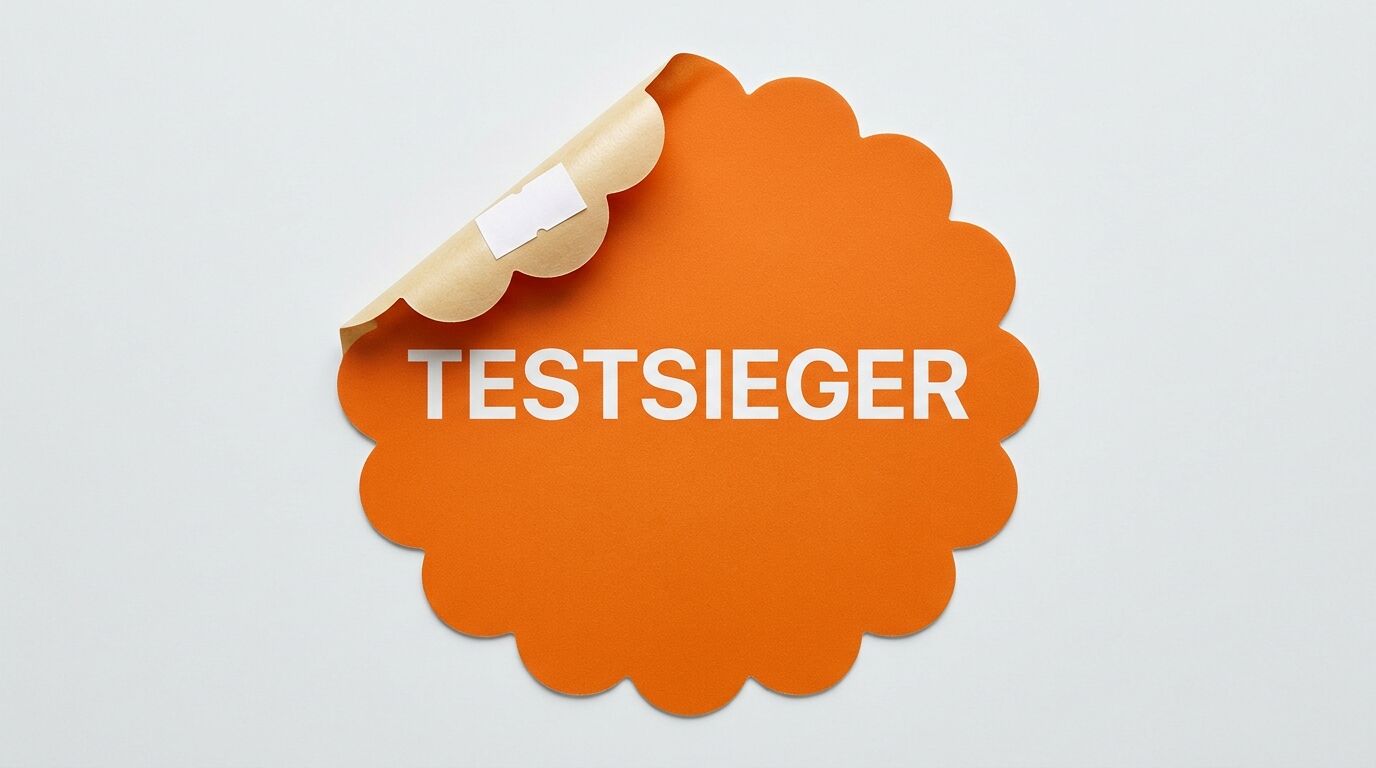 Ein gewellter, orangefarbener Sticker mit der Aufschrift TESTSIEGER wird oben links abgezogen