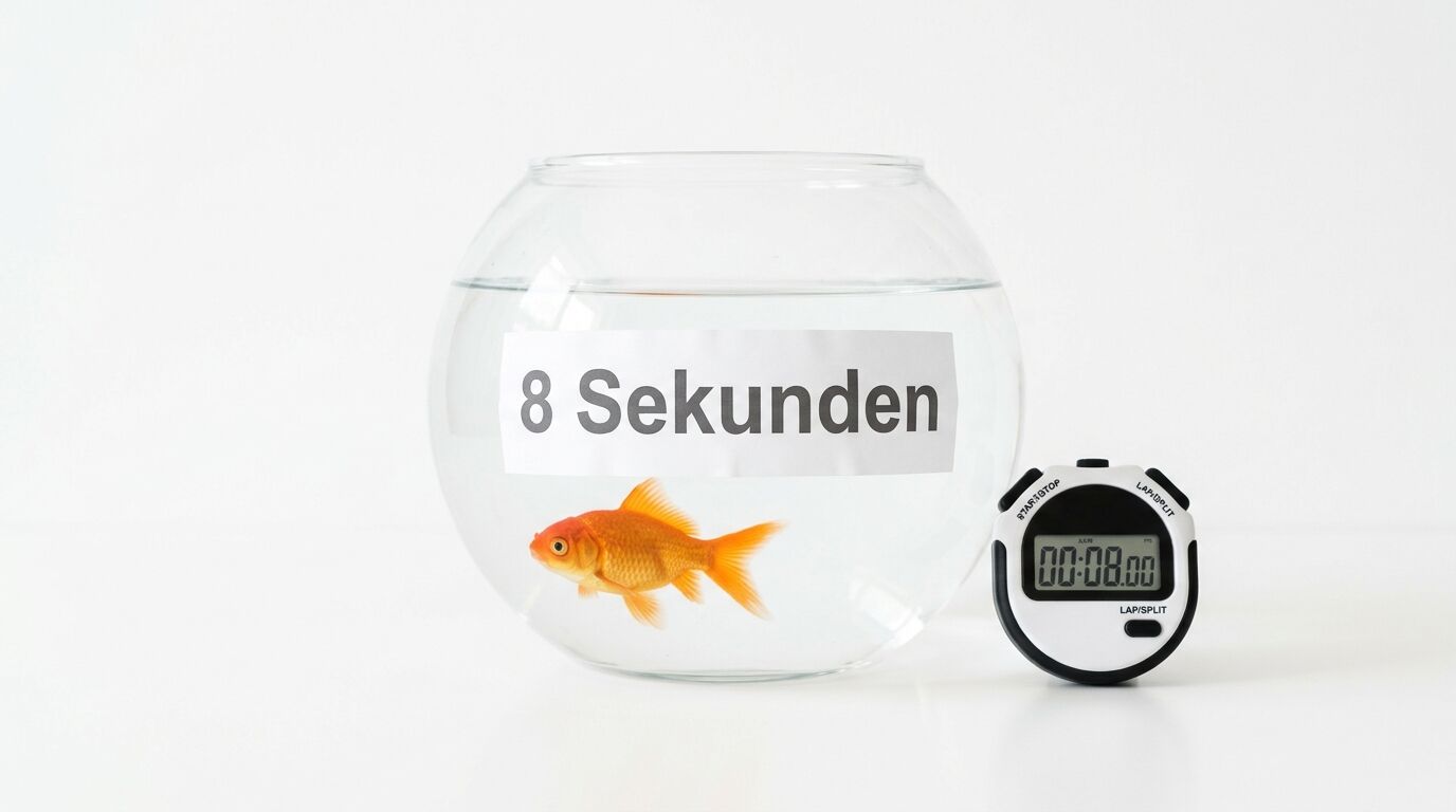 Ein Goldfischglas mit der Aufschrift „8 Sekunden“ neben einer Stoppuhr auf weißem Grund