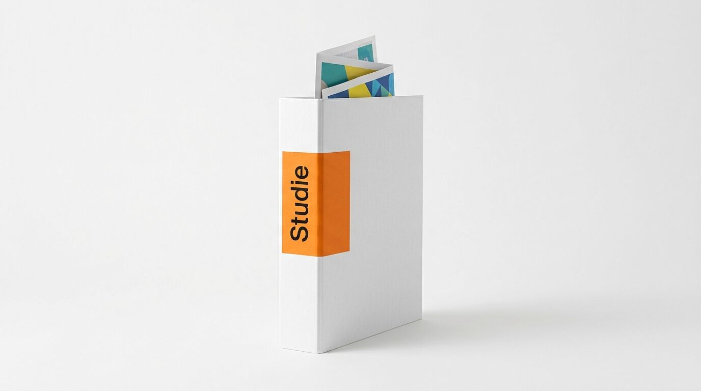 Weißer Schuber, oranger Rückenaufkleber, Aufschrift „Studie“, bunte gefaltete Einlage