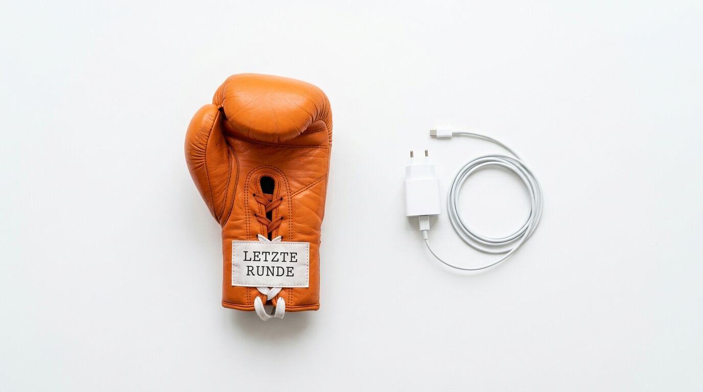 Oranger Boxhandschuh mit Text „LETZTE RUNDE“ und weißes Ladekabel auf weißem Grund