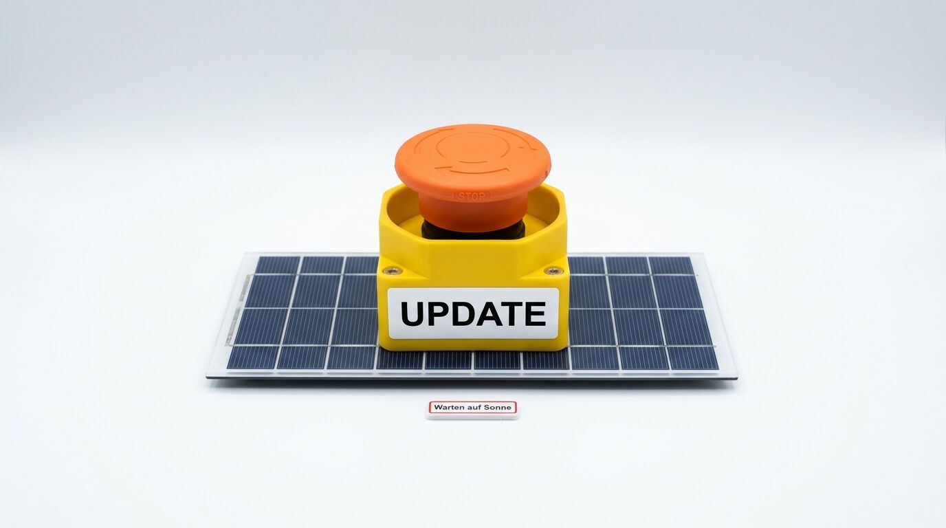Ein roter Pilztaster mit „UPDATE“-Schild auf einem Solarmodul, davor „Warten auf Sonne“-Schild