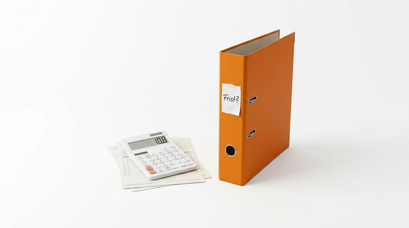 Ein orangefarbener Ordner mit dem Zettel „Frist?“ und daneben ein Taschenrechner auf Papieren