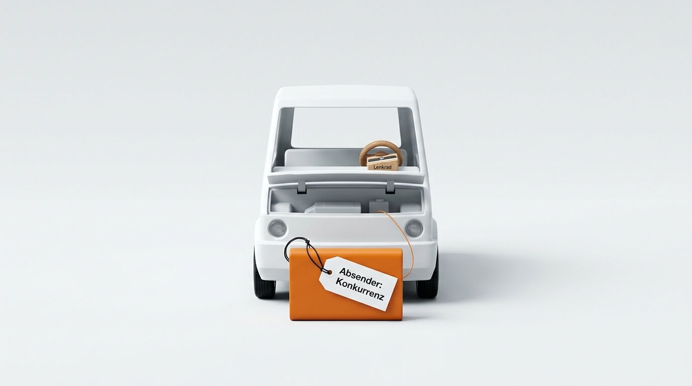 Ein weißes Modellauto vor hellem Grund mit einer orangefarbenen Box und Etikett