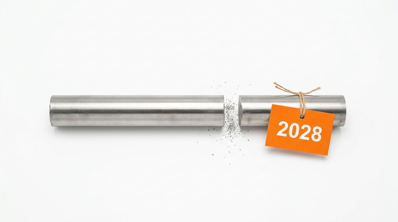 Zersägter Metallzylinder auf weißem Grund mit orangefarbenem Anhänger und Zahl 2028