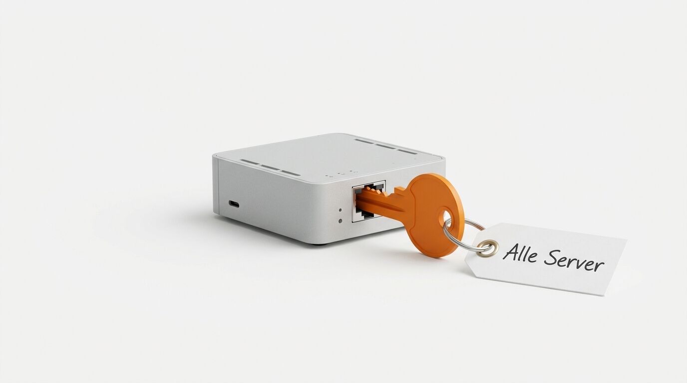 Ein oranger Schlüssel steckt in der Ethernet-Buchse einer grauen Box mit dem Etikett „Alle Server“
