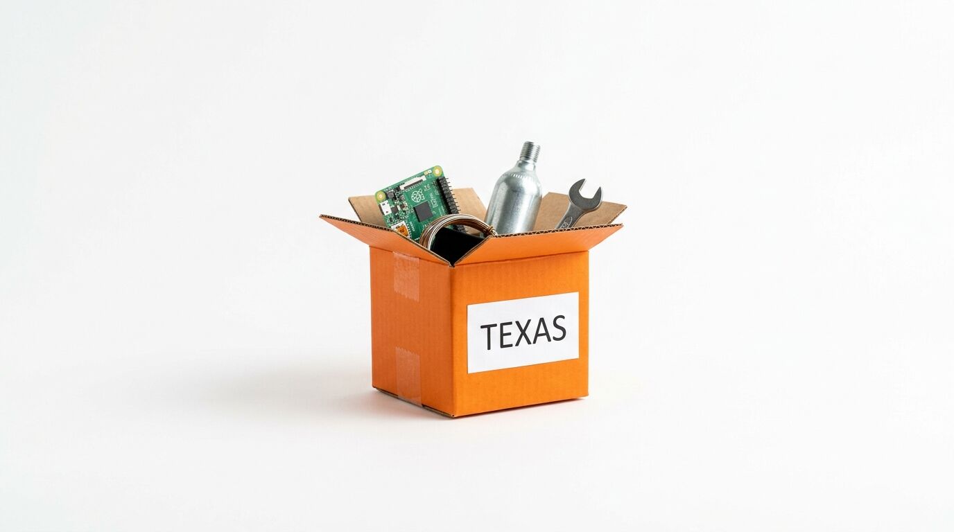 Orange Kiste mit Etikett „Texas“, darin Werkzeug, Platine, Gaspatrone vor weißem Hintergrund