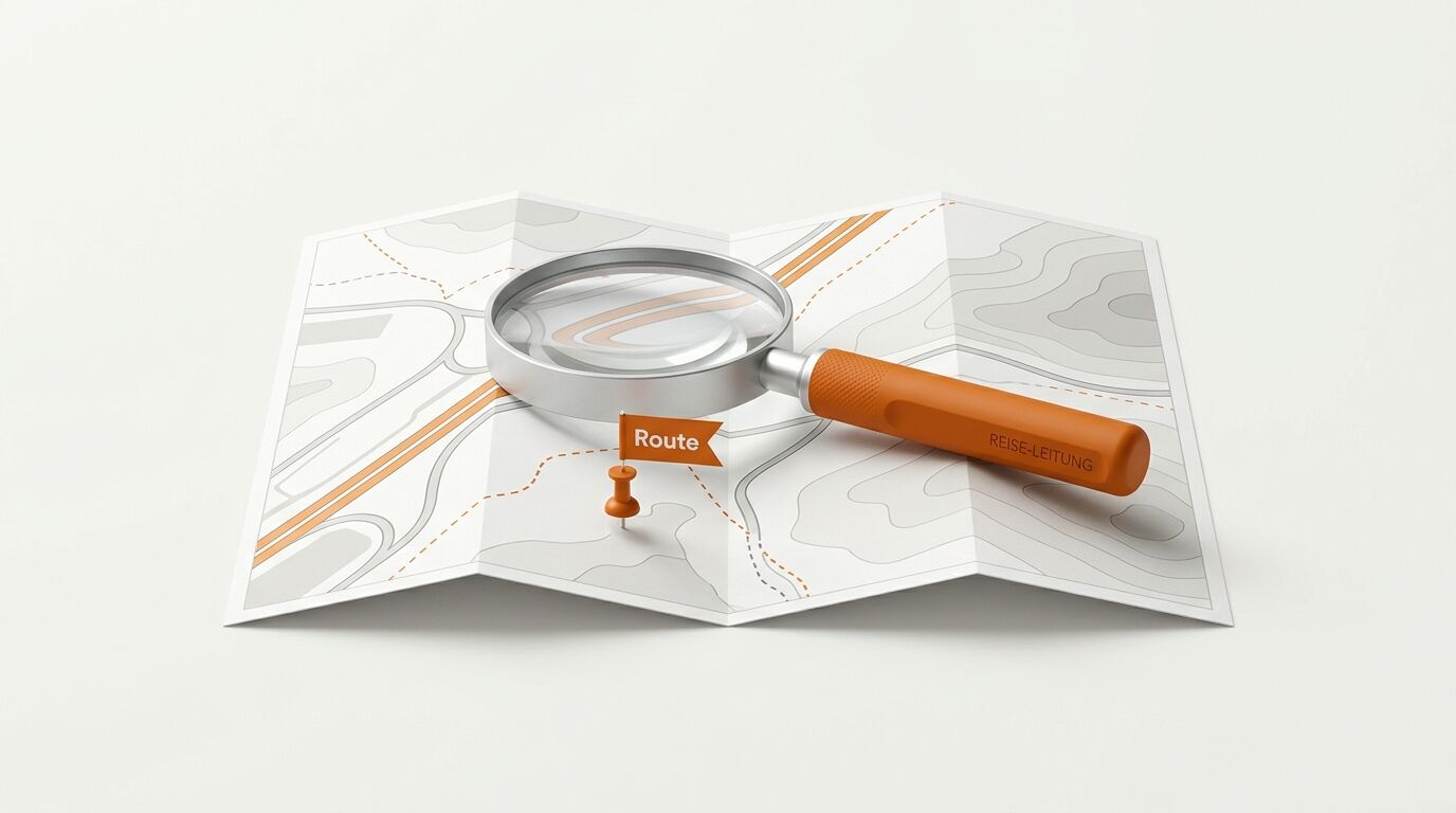 Lupe mit orangefarbenem Griff auf einer Landkarte mit Route und Navigationsstift