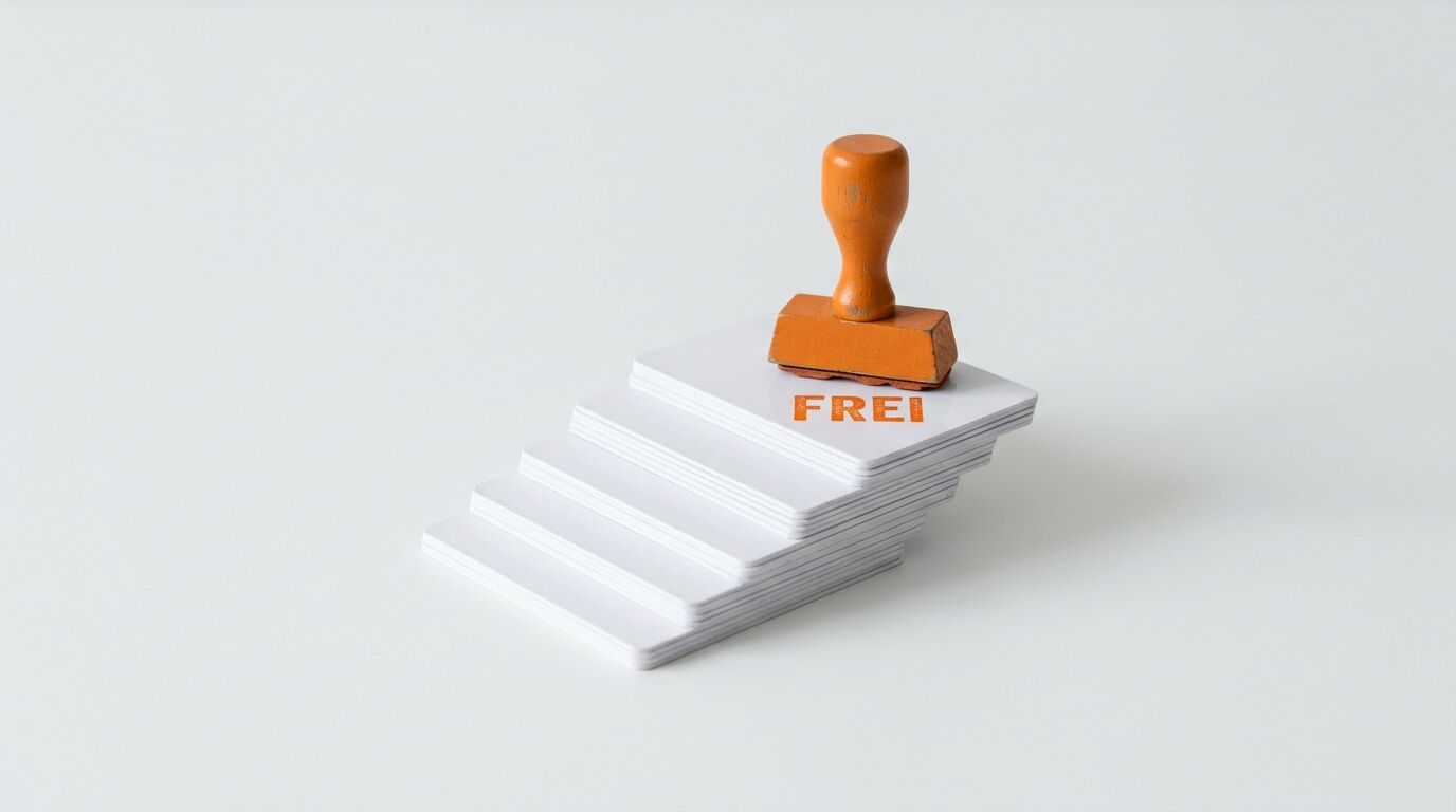 Holzstempel mit orangefarbenem Griff auf gestapelten weißen Karten mit "FREI" Aufdruck