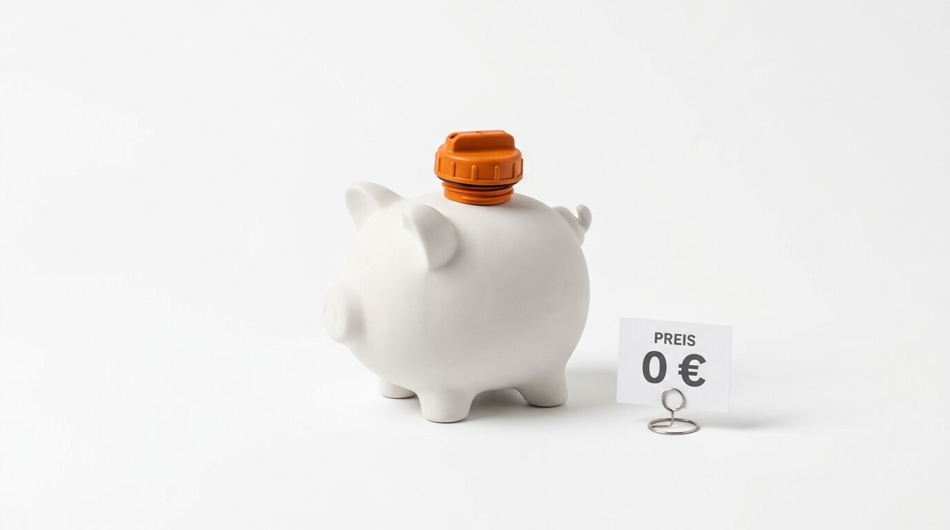 Weißes Sparschwein mit orangem Verschluss und Preisschild "0€" auf grauem Hintergrund