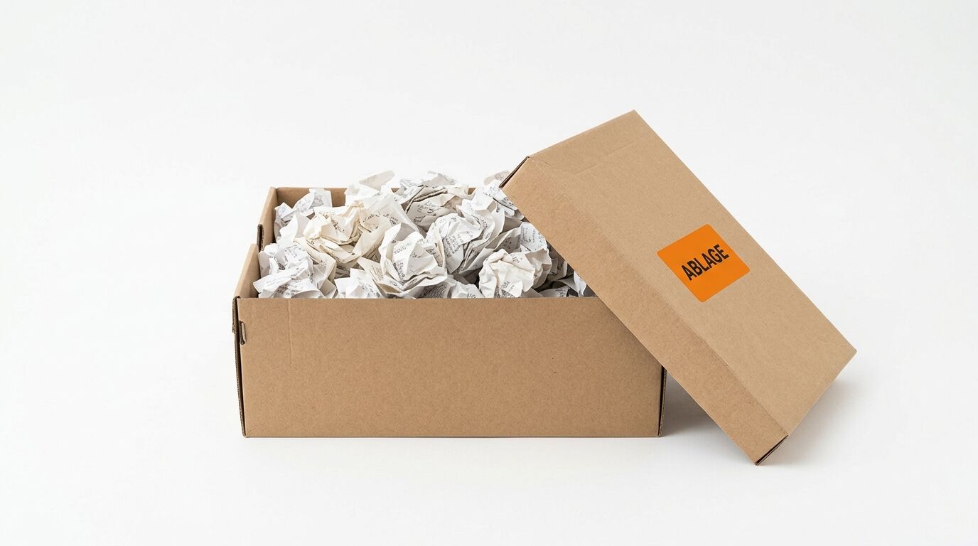 Offene Pappe mit weißem Füllmaterial und orangenem "ABLAGE"-Label auf dem Deckel