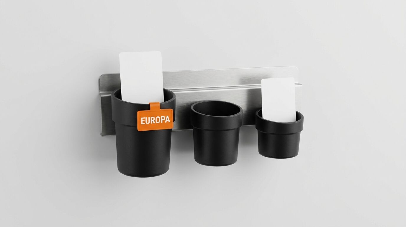 Drei schwarze Behälter an einer Metallschiene montiert. Der linke Behälter trägt ein oranges "EUROPA"-Label. Zwei Behälter enthalten weiße Kartenkarten