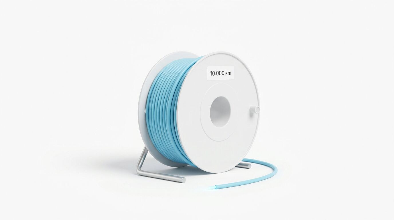 Eine weiße Spule mit hellblauem Kabel und „10.000 km“-Aufkleber auf einem weißen Stativ