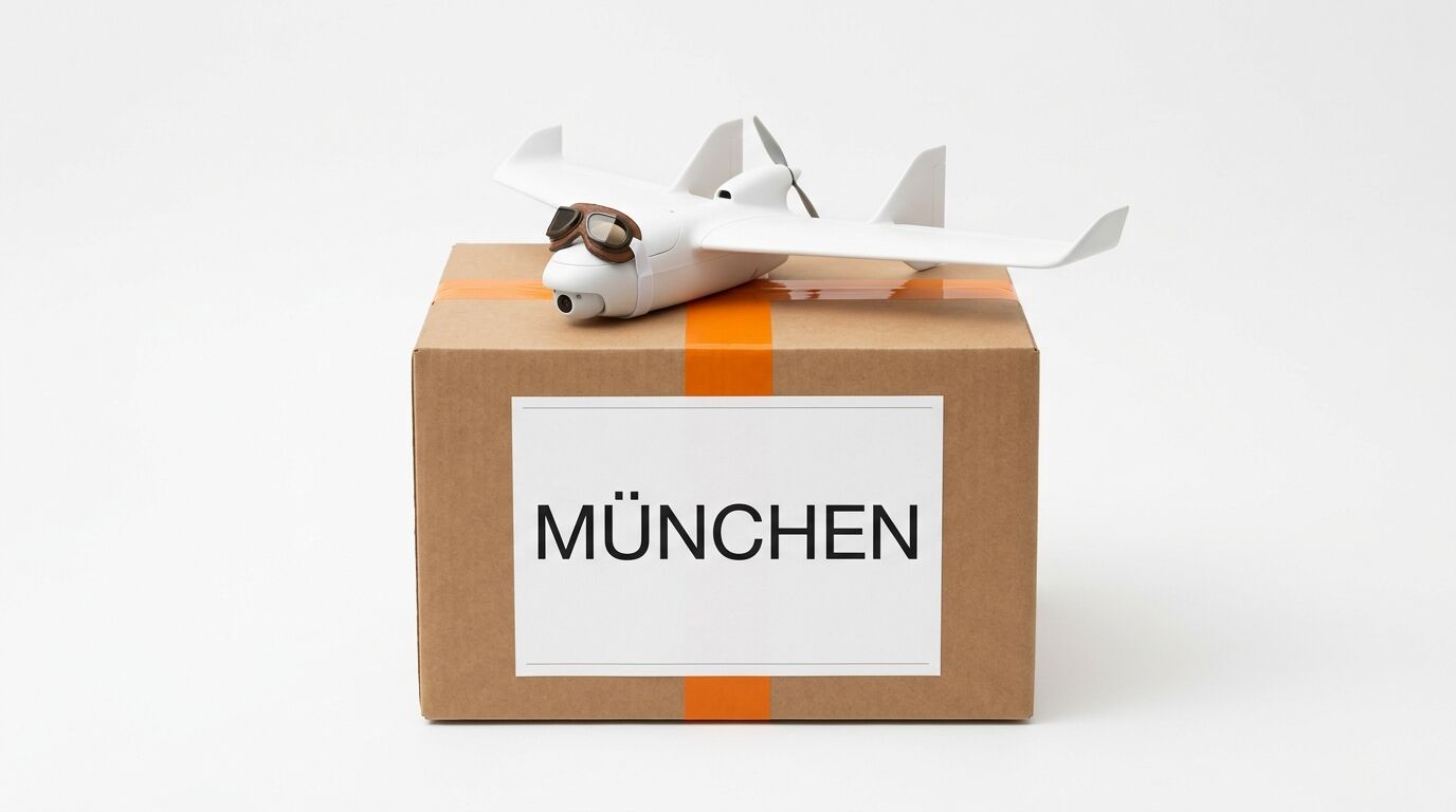 Ein Paket mit der Aufschrift „MÜNCHEN“ und einer Drohne darauf steht auf weißem Grund